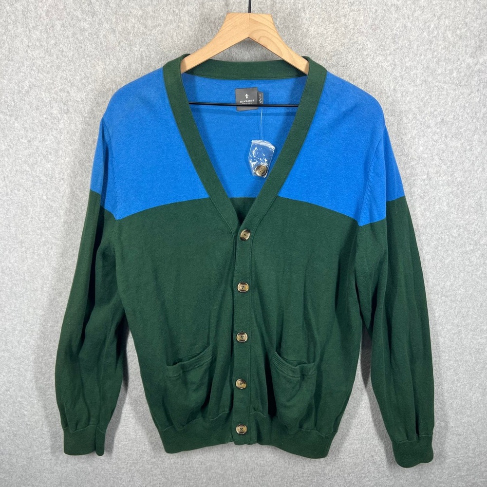 Hawkings McGill Cardigan Sweater Mens XL Green Blue Colorblock Cotton V-Neck EUC